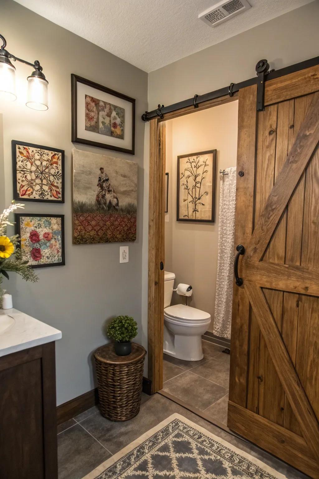 Tailored art transforms the barn door into a unique centerpiece.