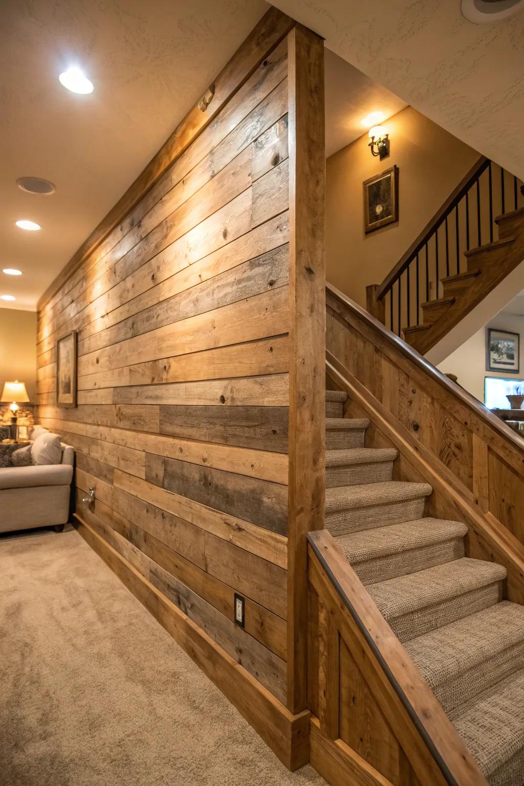 Barnwood creating a cozy nook under the stairs.