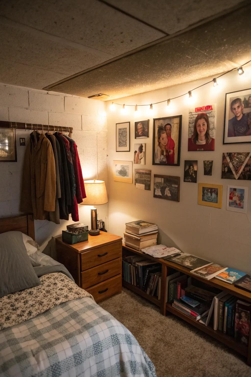 Personal nuances like family photographs render this basement bedroom uniquely yours.