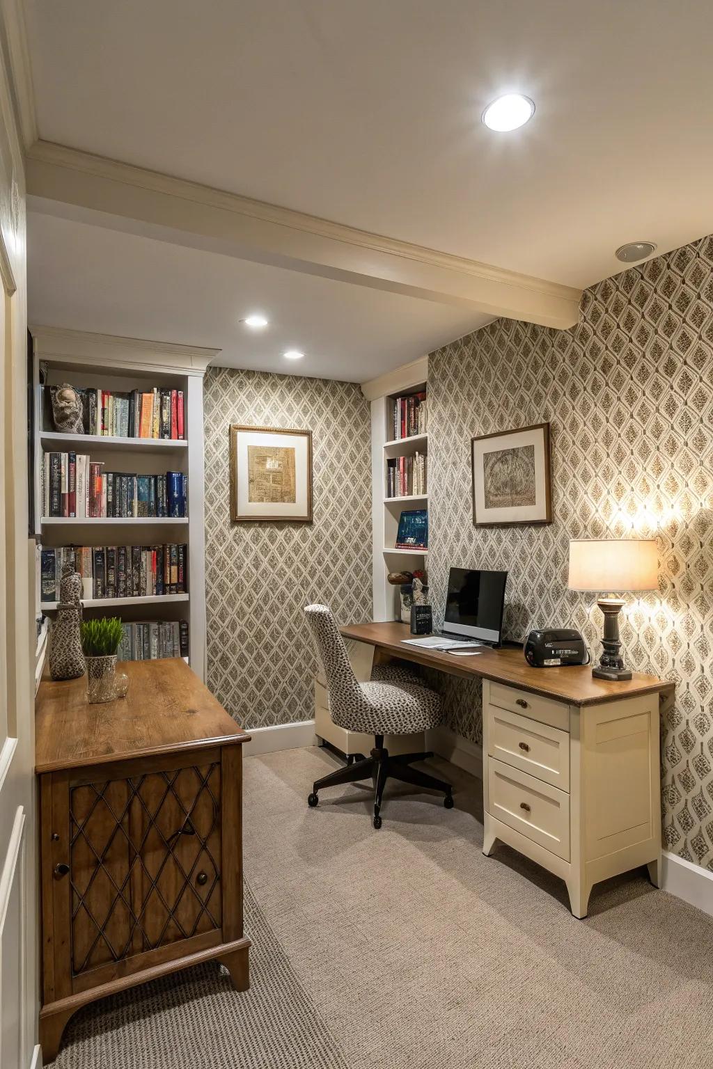Your office gains personality and visual appeal with the addition of textured wallpaper.