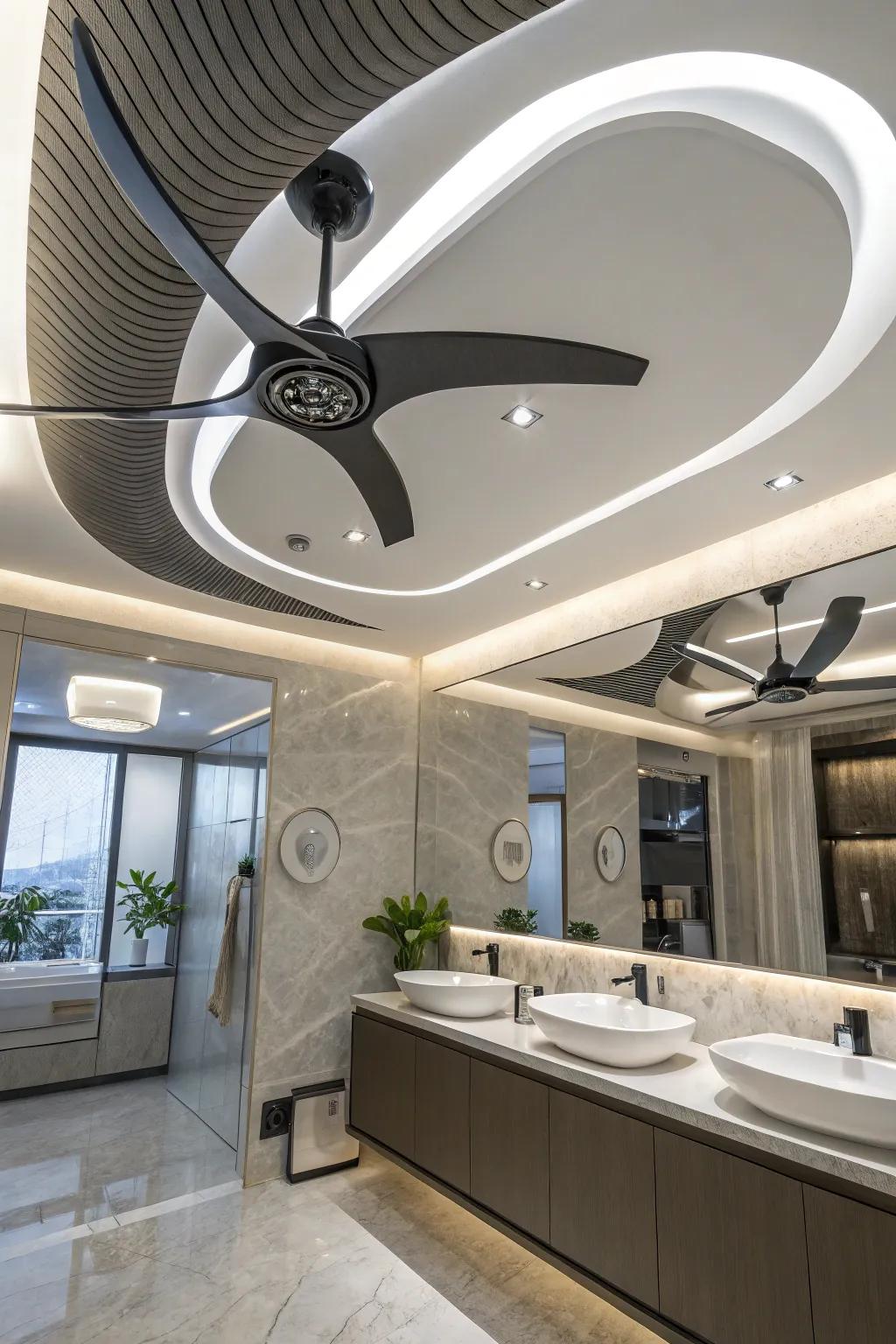 A futuristic bathroom featuring an ultra-modern ceiling fan.