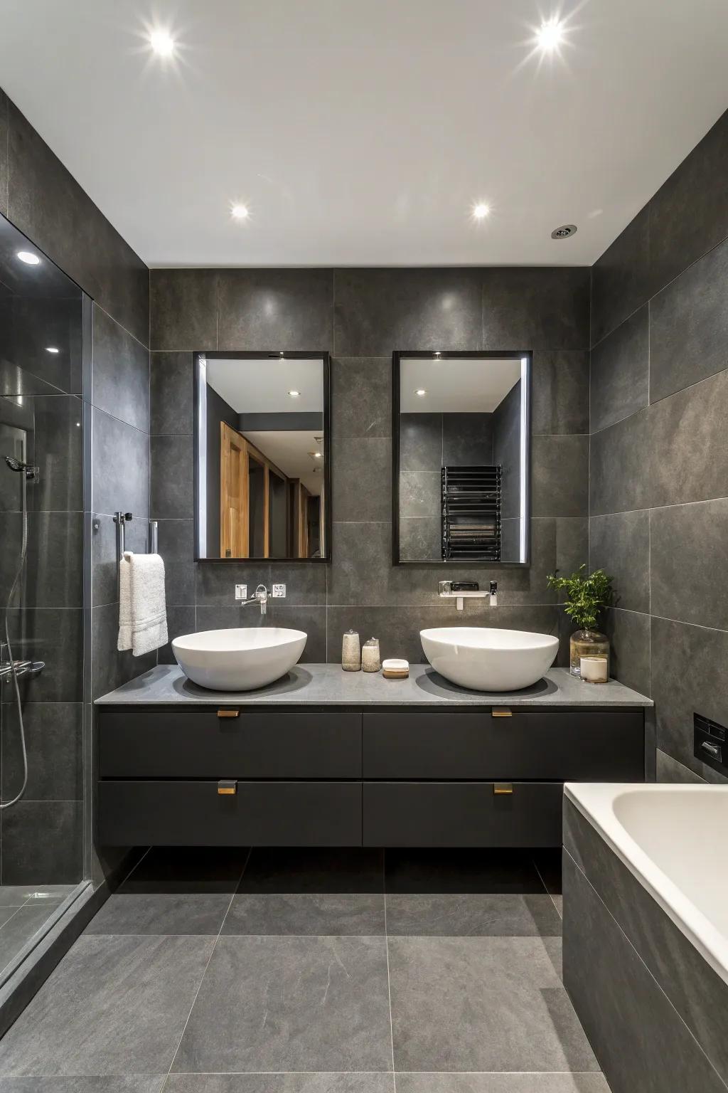 A dramatic and cozy bathroom is created by the moody dark slate.