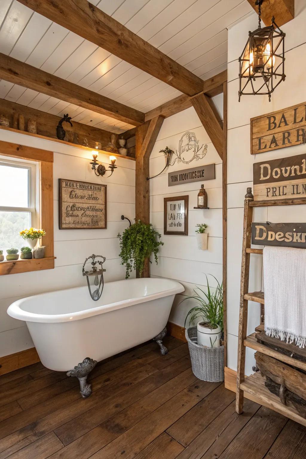 Capture rustic charm with farmhouse bathroom signs.
