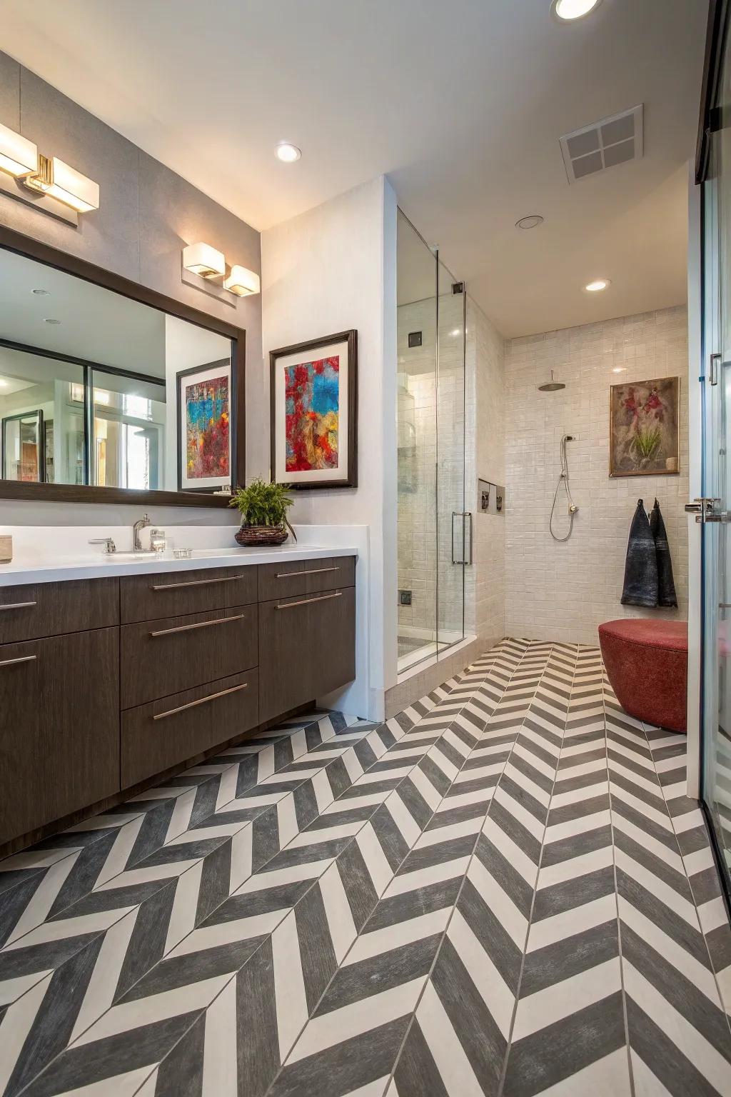 Zigzag plastic flooring adds dynamic energy to this stylish bathroom.
