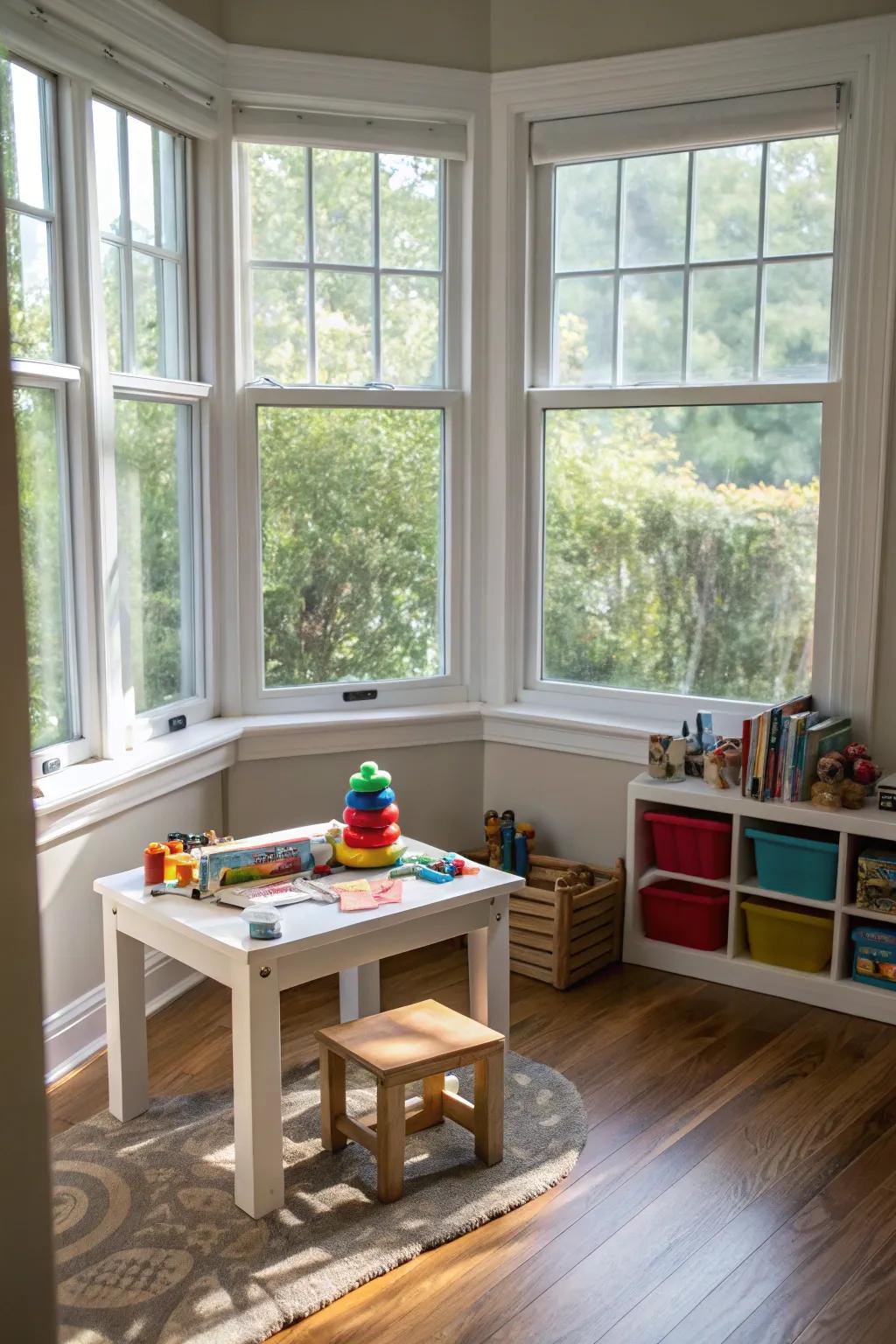 An interactive play space in the bay window keeps kids entertained and engaged.