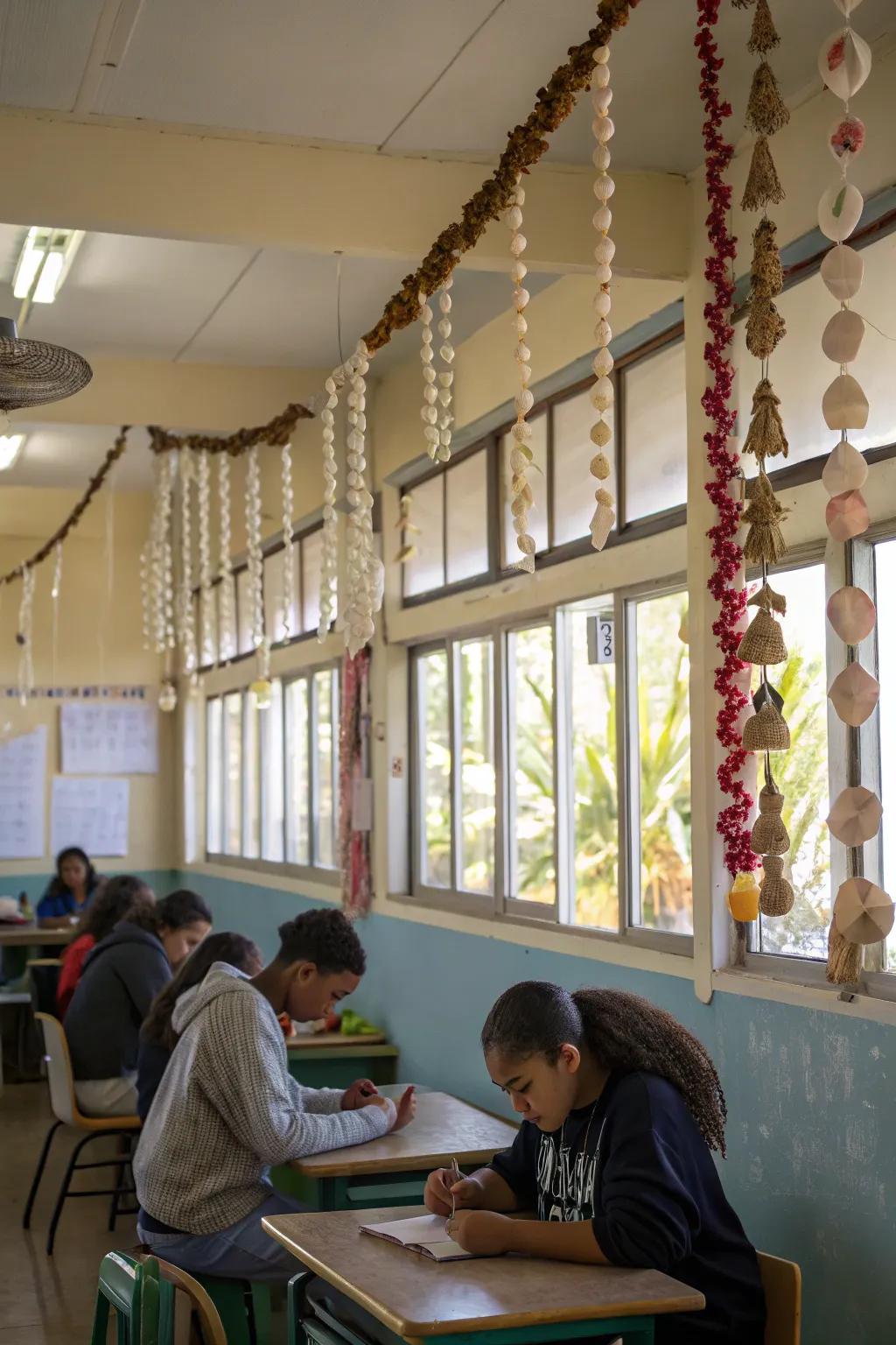 Shell festoon highlights furnish a delicate and refined impression to the classroom ornamentation.