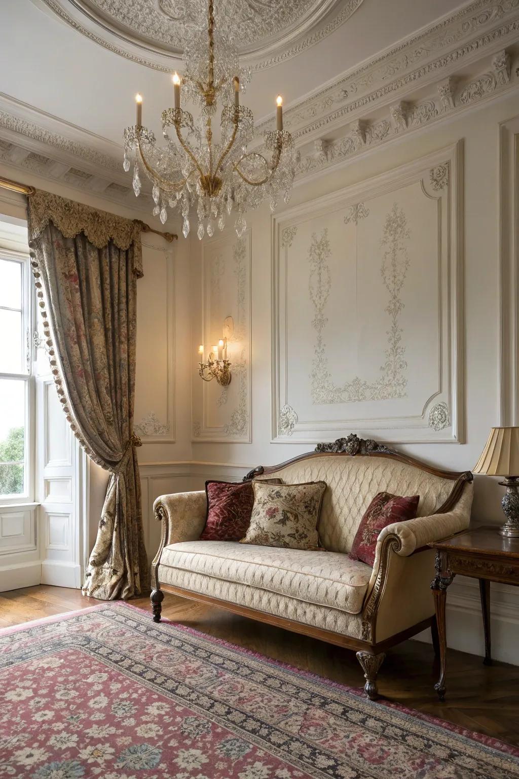 A classic era settee purposefully situated within a bedroom milieu, delivering high-end extravagance and an echo of historical elegance.