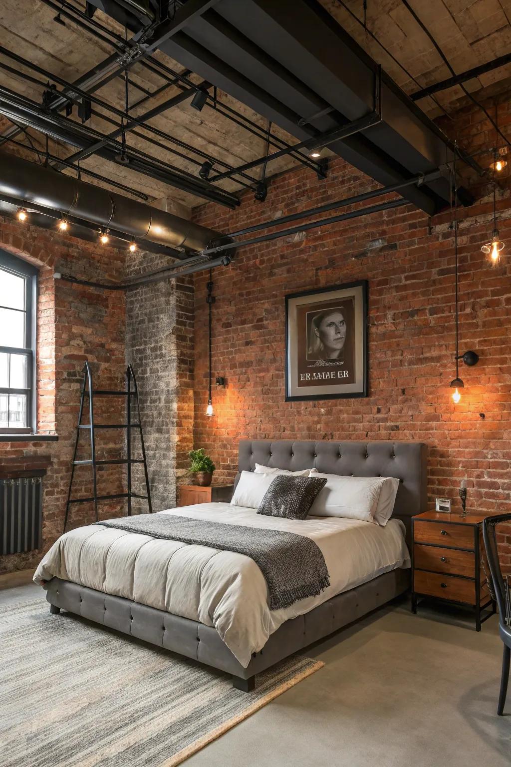 Exposed brick and metal accents create an industrial loft style in this contemporary bedroom.
