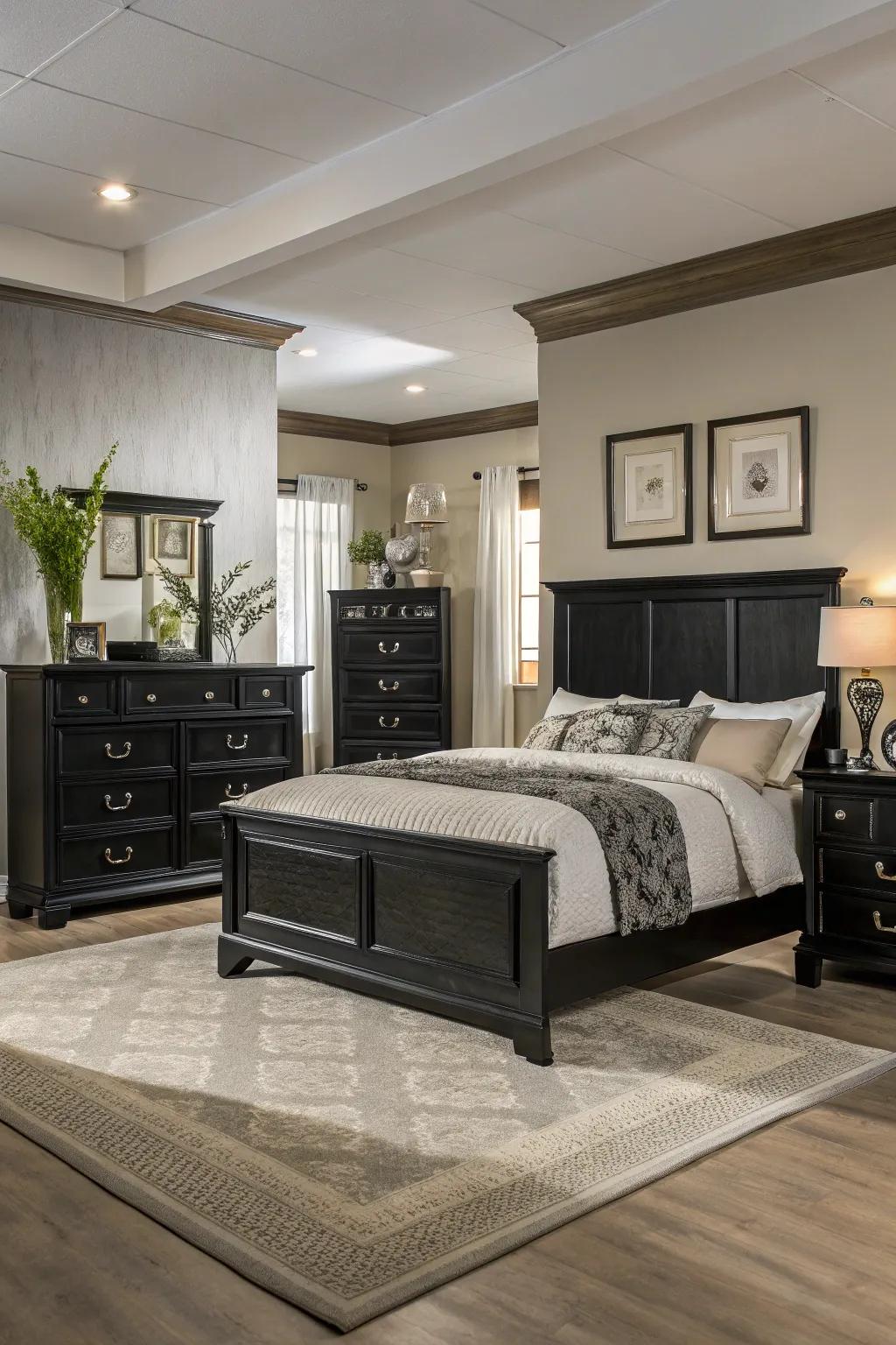 Symmetrical design creates balance and harmony in a room featuring ebony furniture.