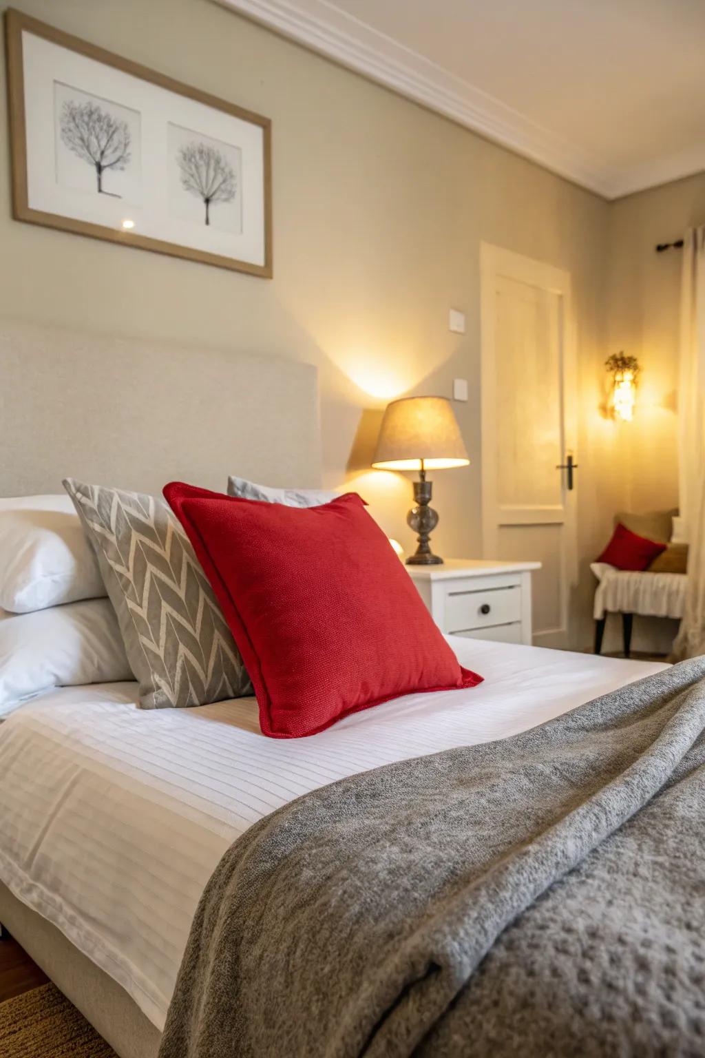 A bedroom brightened by a pop of color.