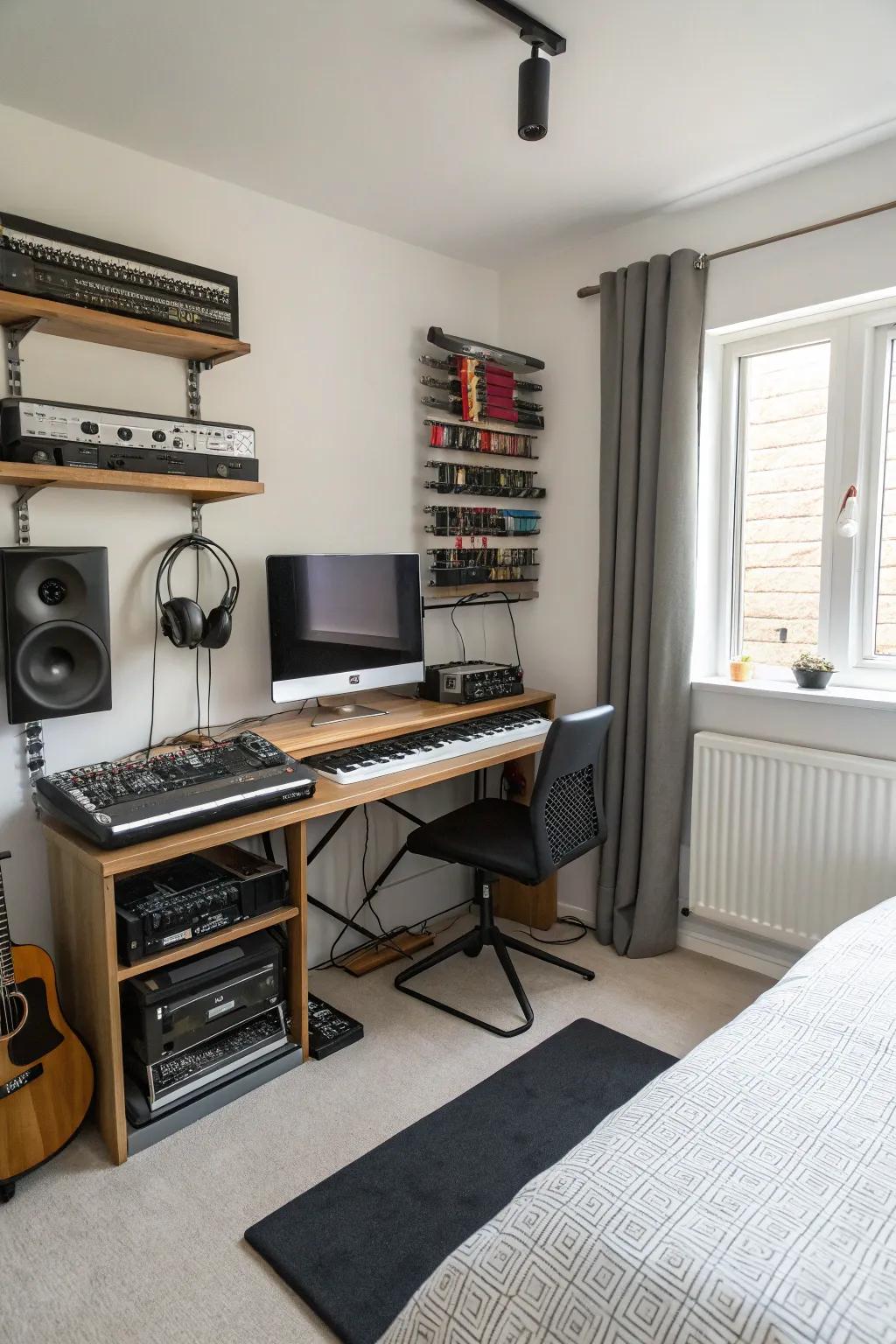 Hidden cable channels provide a sleek and tidy look for your music studio.