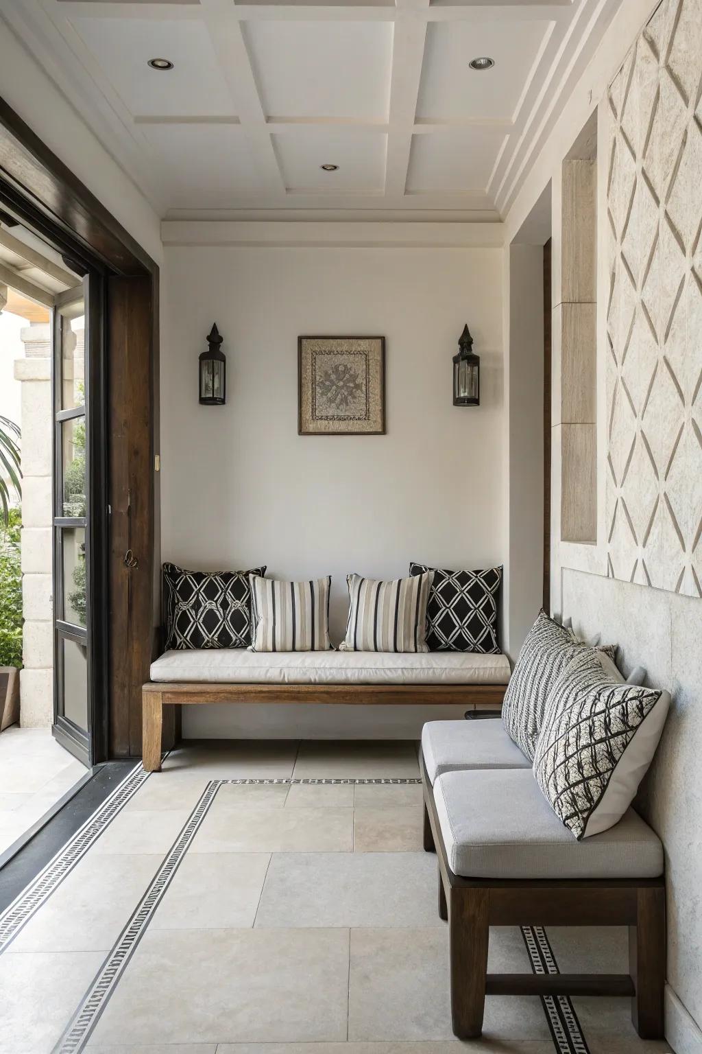 Monochrome cushions propose a sleek and chic aesthetic.