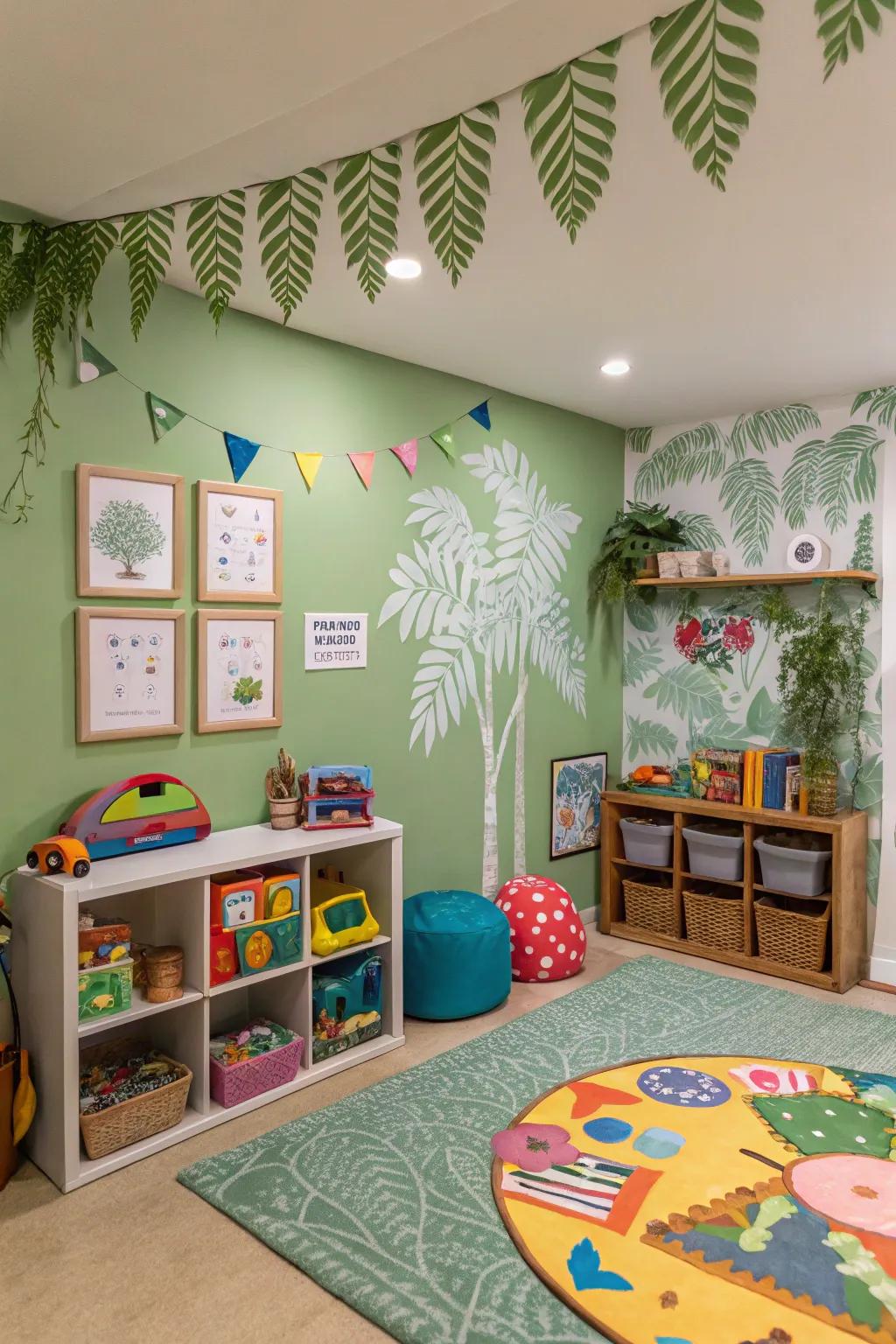 An energetic play space featuring lively plantation green walls.