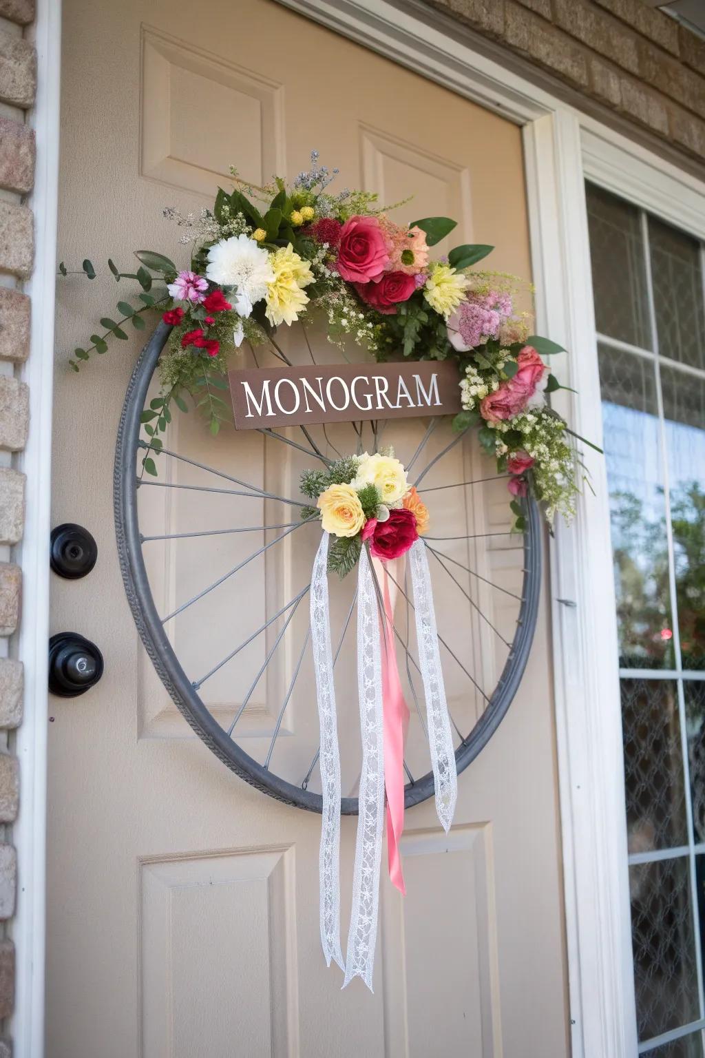 A monogrammed bike wheel decoration with initials for a personal touch.