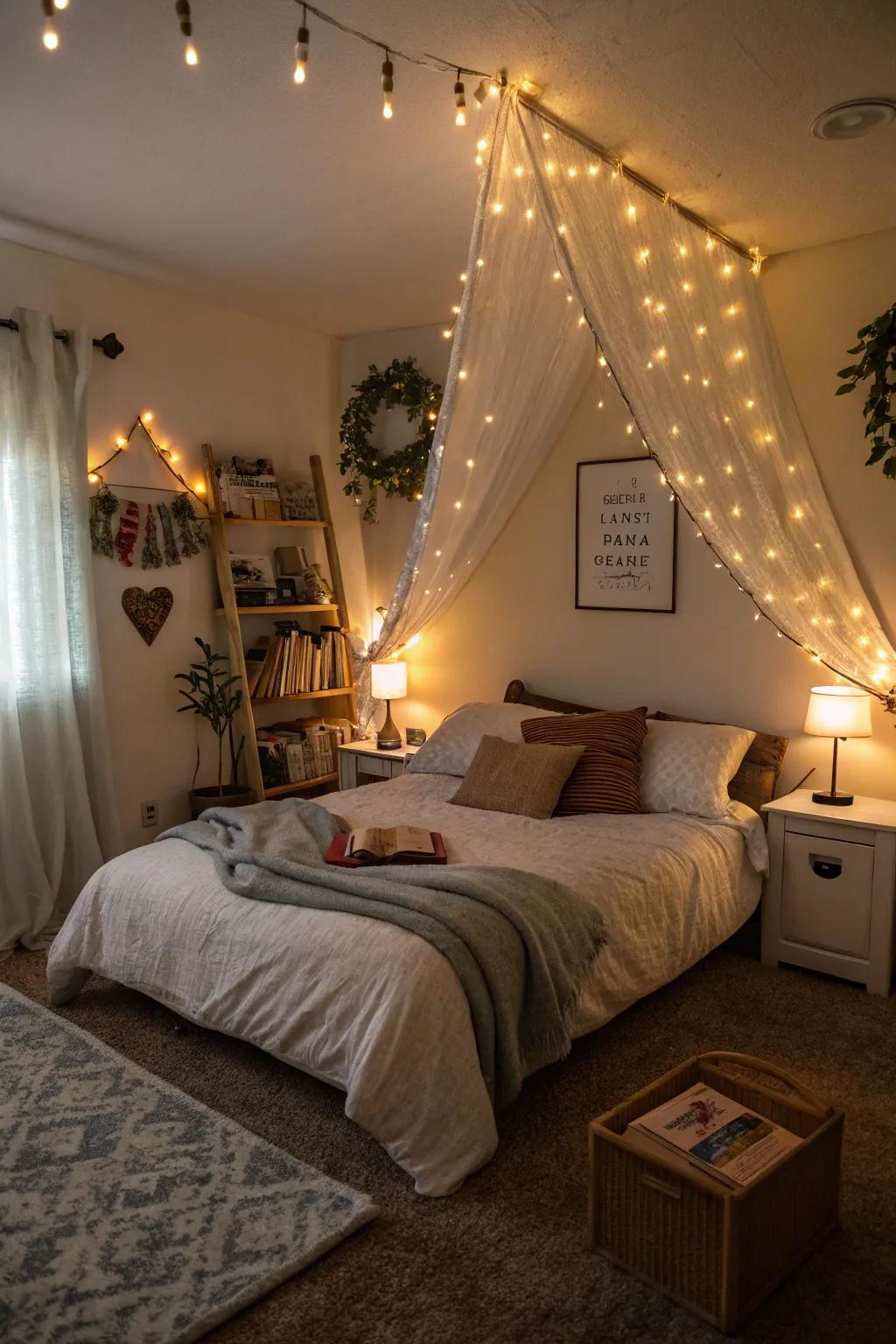 A spacious bedroom featuring tiered illumination for a versatile ambiance.