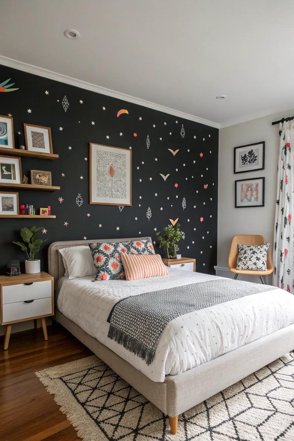 Motifs add a dynamic element to a black statement wall in this bedroom.