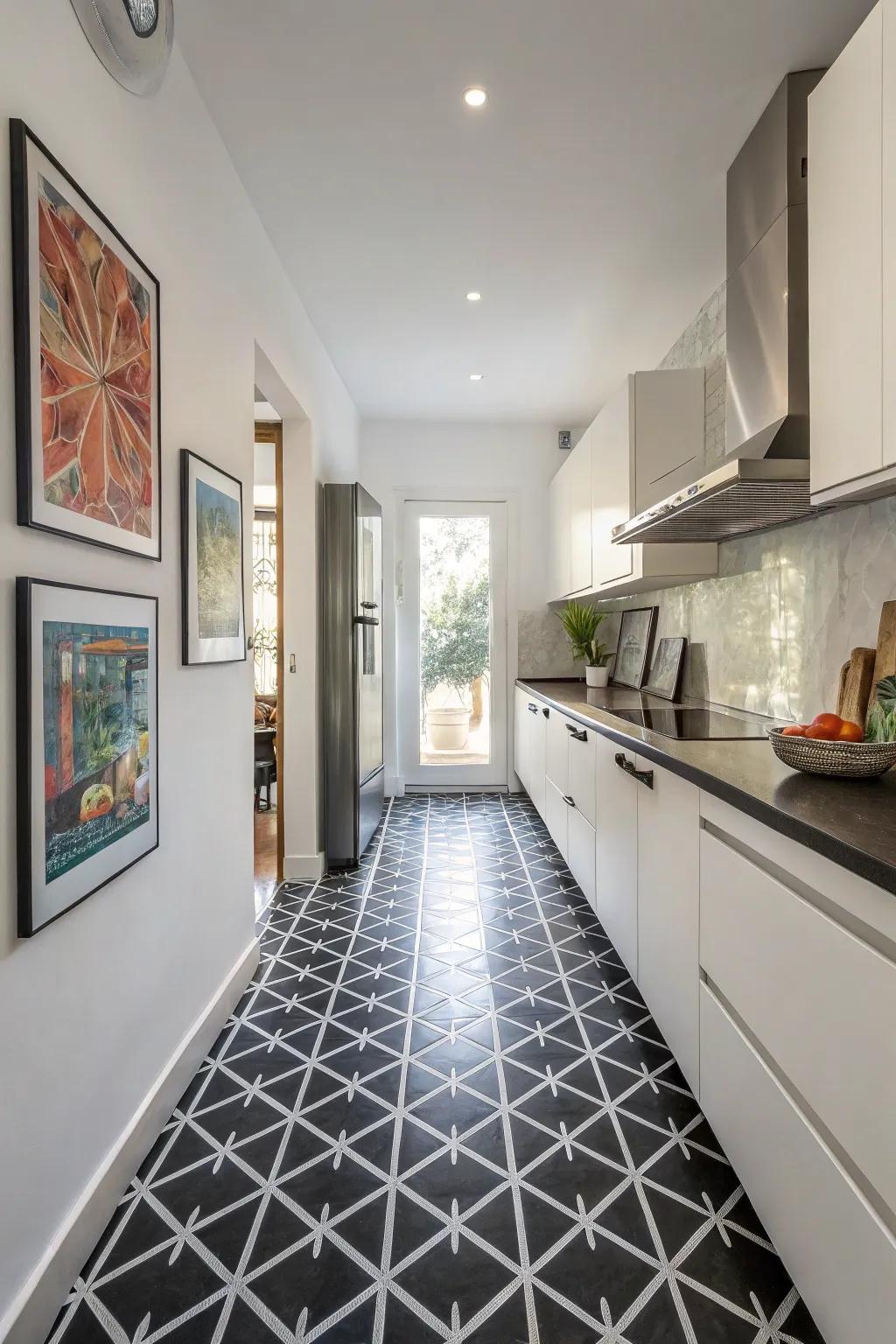 A cooking area featuring artful geometric patterns on ebony floor components.