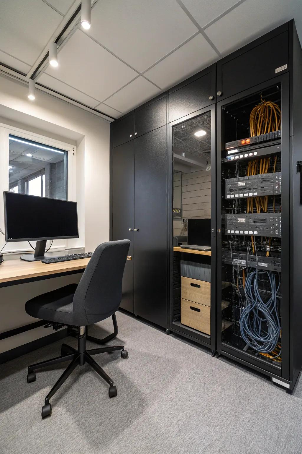 Tech-friendly solutions keep a charcoal office efficient and organized.