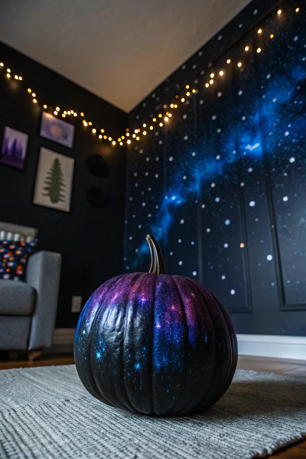 A dark-colored pumpkin with a cosmic design, captivating with its cosmic allure.