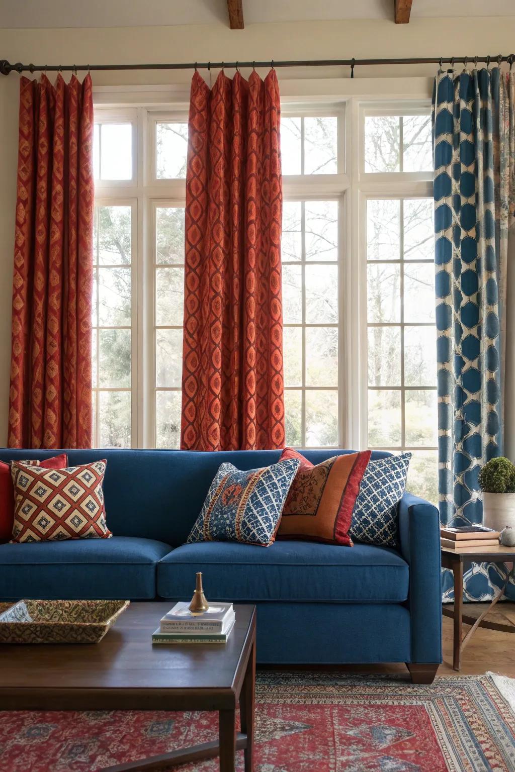 Striking drapes introduce a fashionable proclamation to the lounge.