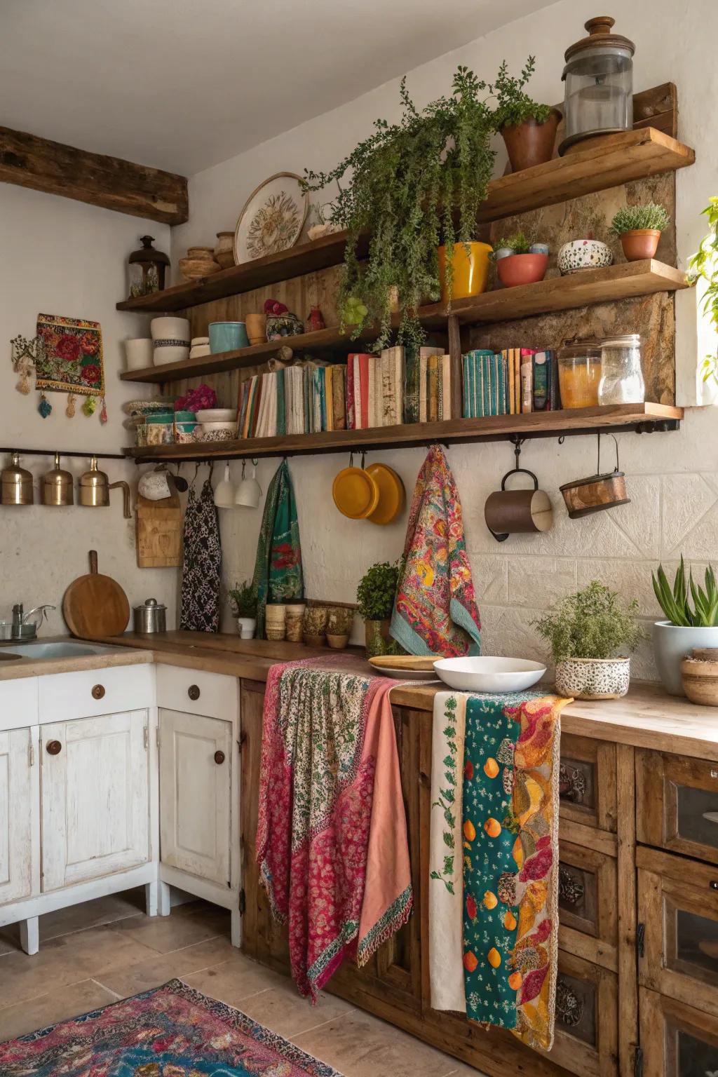 Weathered accents bring coziness to a bohemian kitchen.