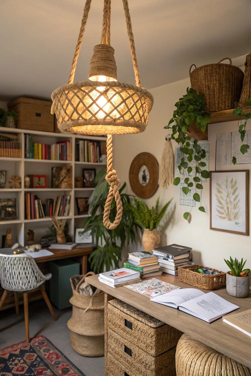 A hemp cord illumination assembly includes country elegance to this boho home office.