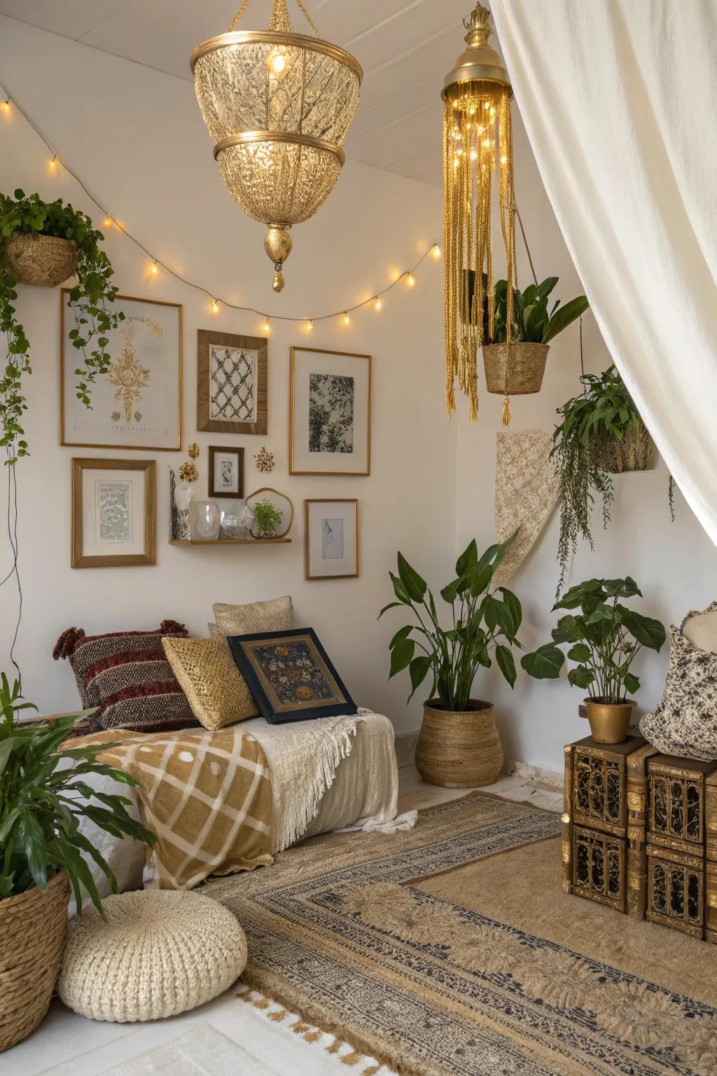 Gold accents add a sophisticated touch to bohemian design.