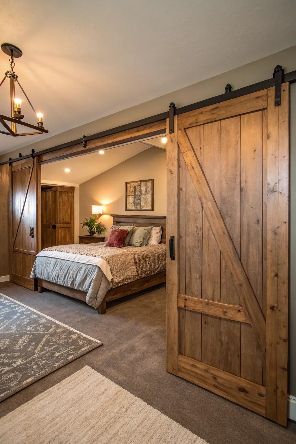 Moving panel doors contribute rustic charm and functionality.