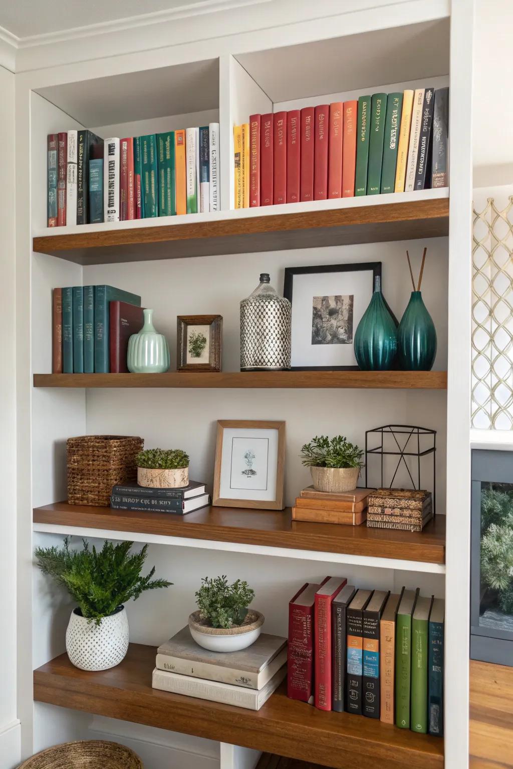 Offset shelves fashion an intriguing and dynamic bookshelf spectacle.