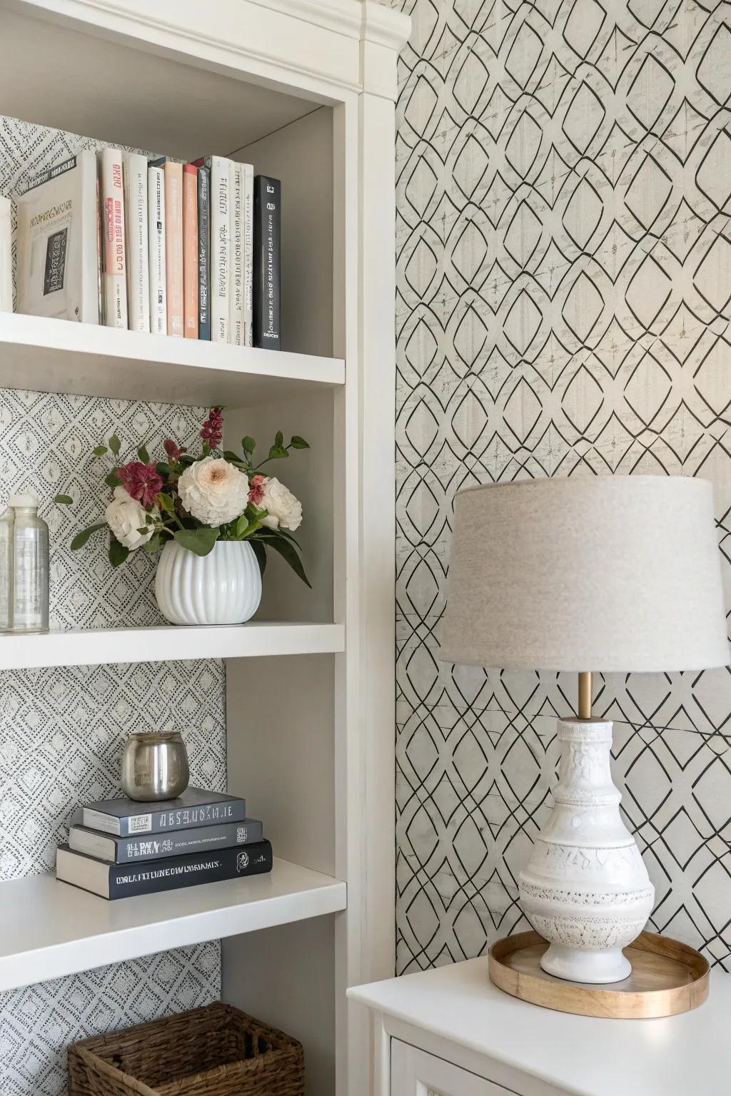 A bookshelf featuring monochromatic pattern wallpaper, radiating a pristine, minimalist vibe.