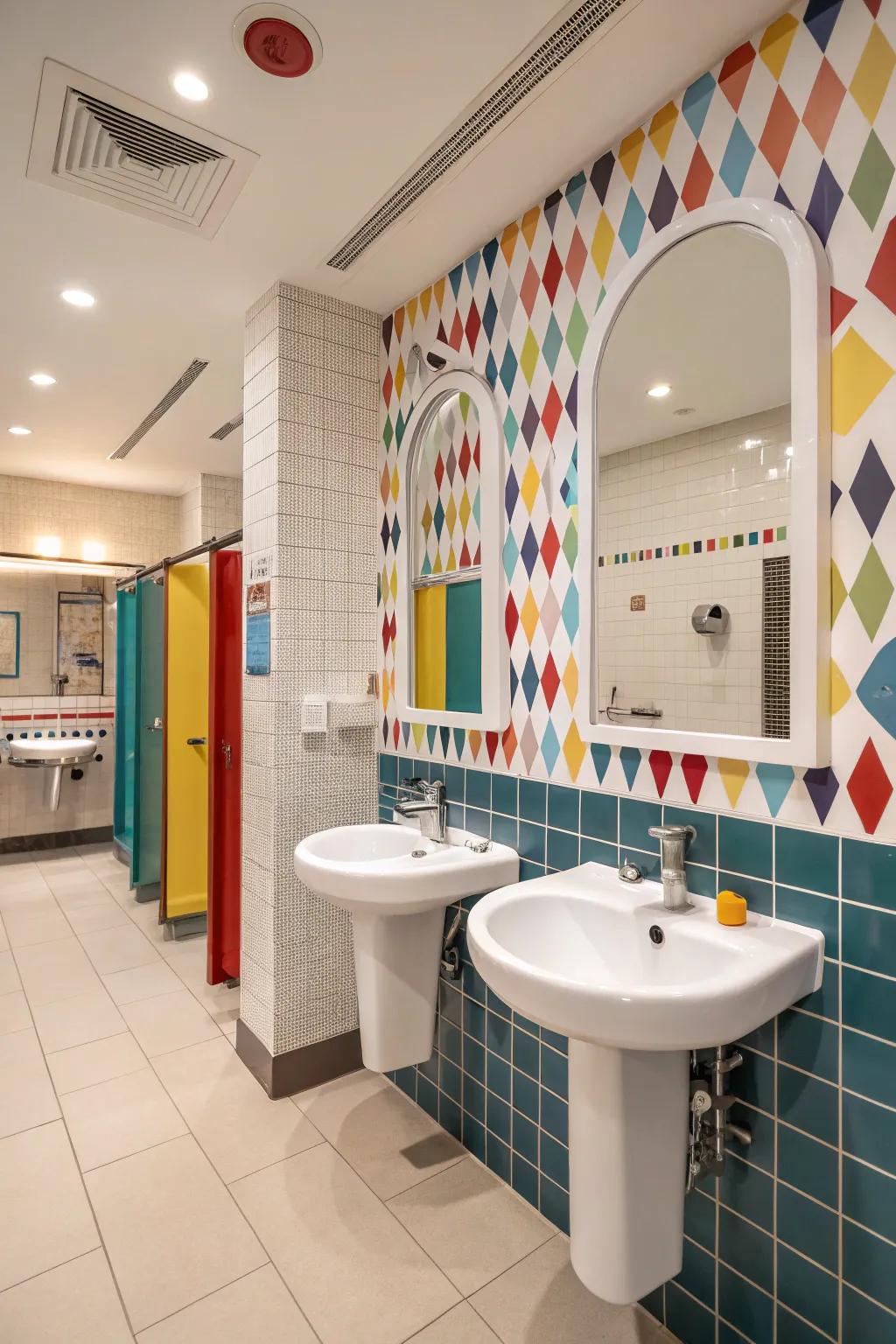 Nostalgia-inspired apparatuses amalgamate antique and modern in a boys' lavatory.