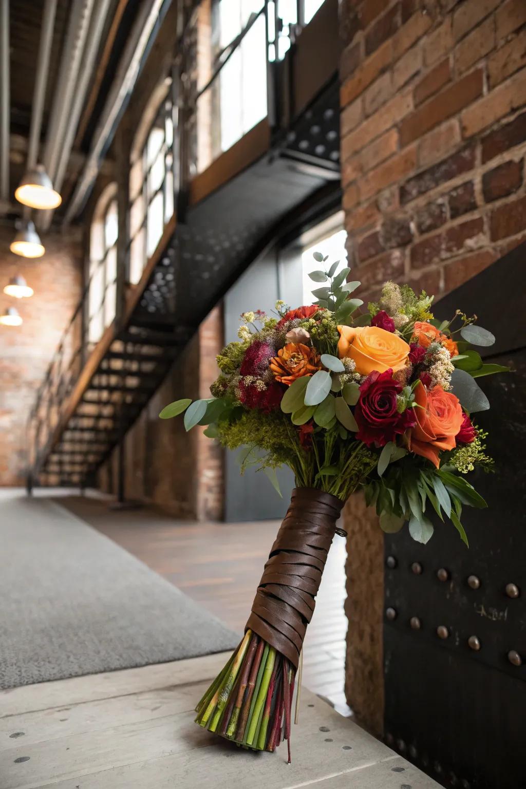 Leather ties introduce an unexpected approach to modern wedding bouquets.