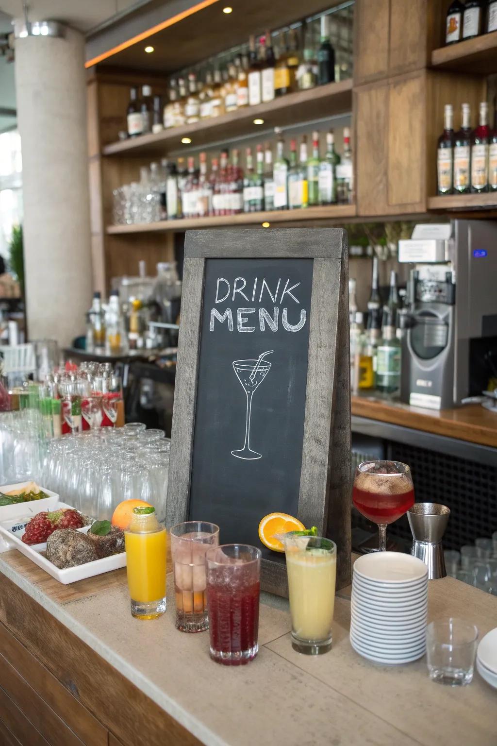 A beverage guide slateboard infuses flair into the refreshment area.