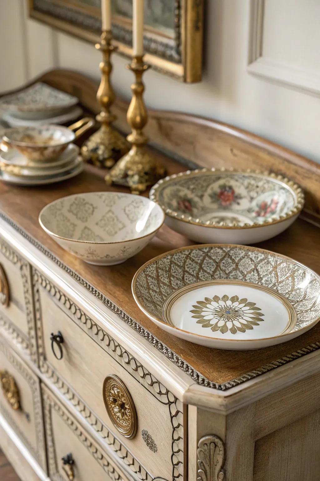 Ornamental trinket trays for organizing and beautifying areas.