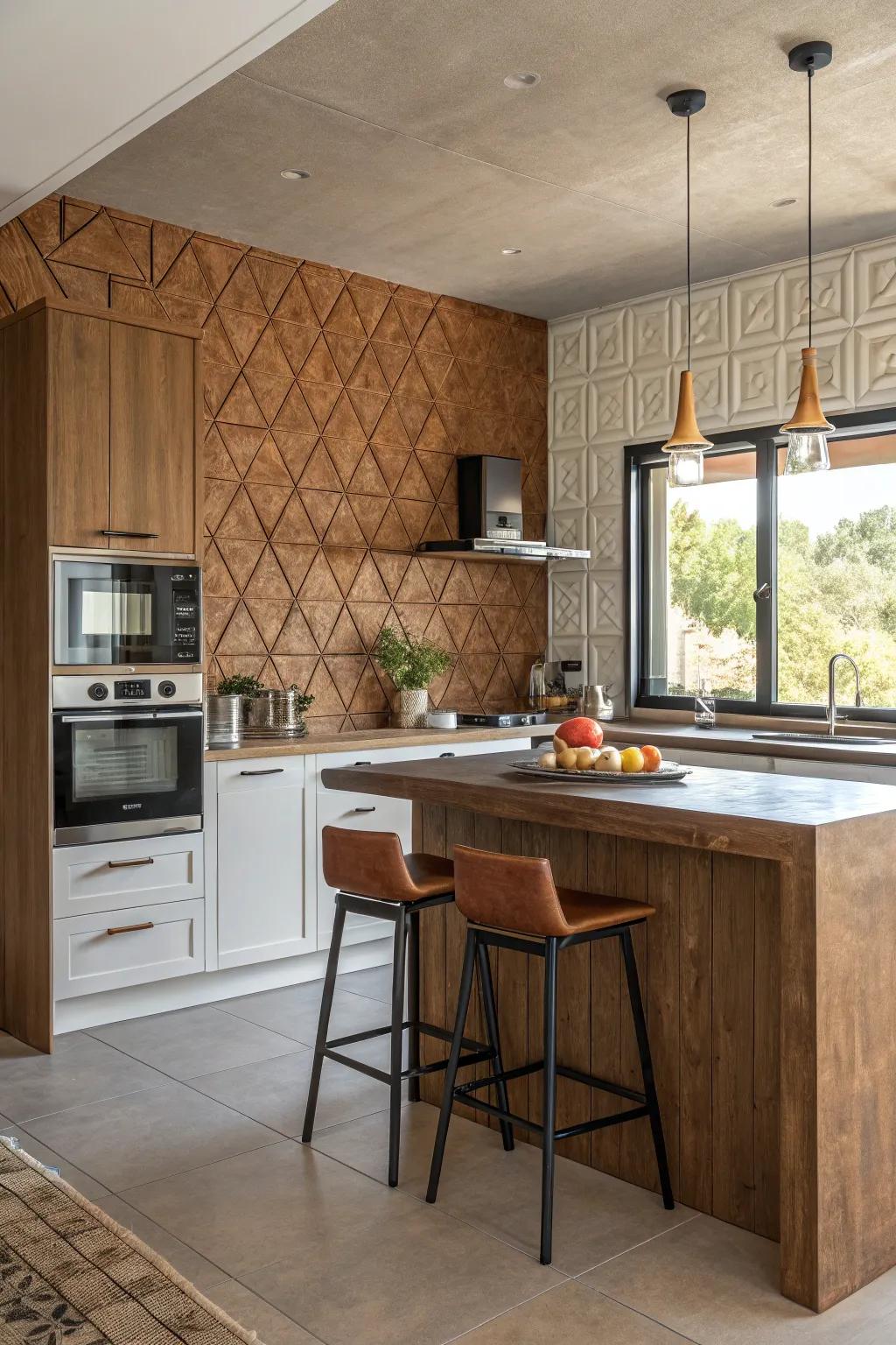 Textured fascia panels in brown furnish an elegant kitchen backdrop.