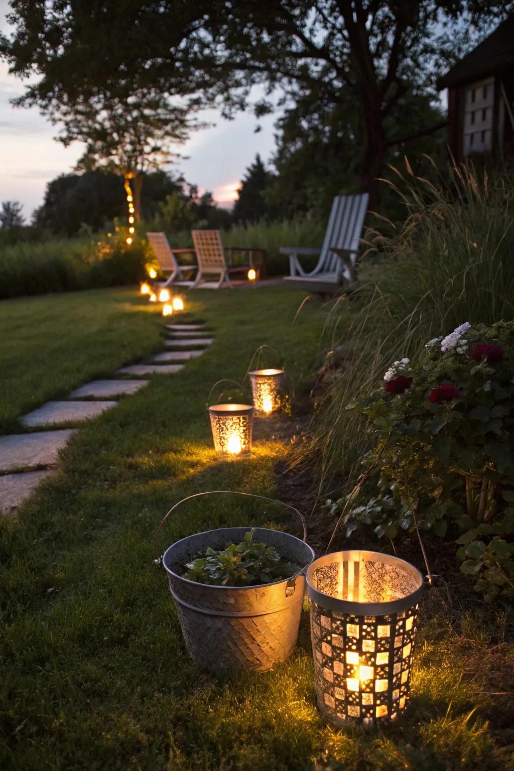 Lighted planters spreading a magical aura across the garden at nighttime.