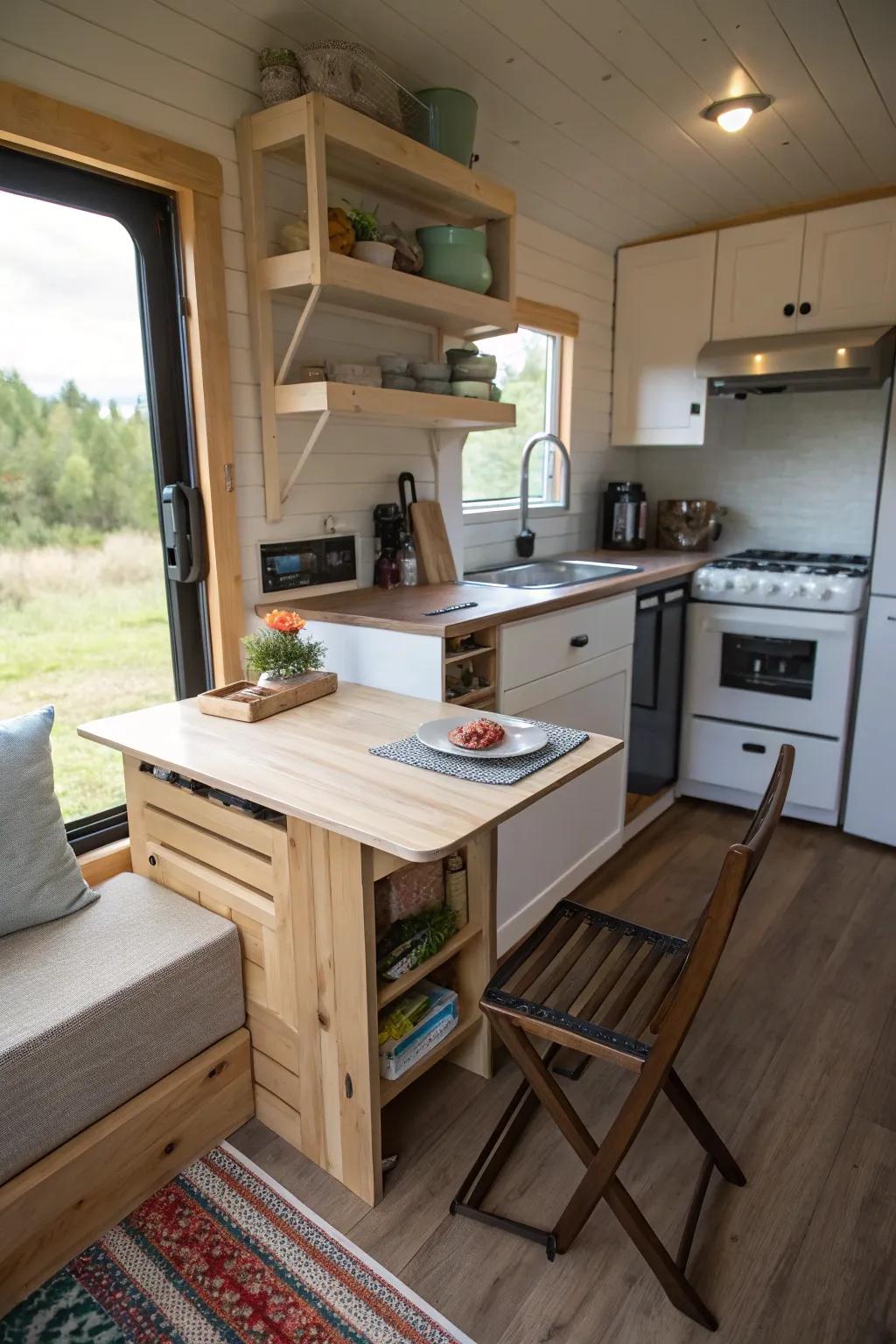 Multi-purpose furniture optimizes area in this small kitchen.