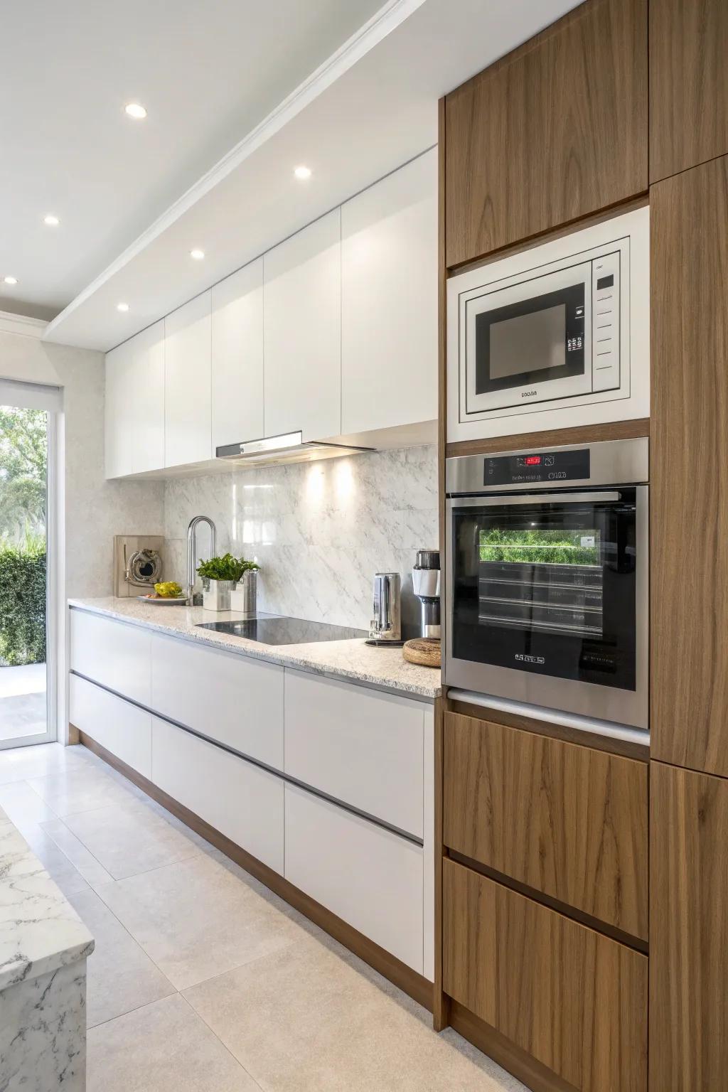 Contemporary kitchen showcasing a microwave inset into the wall.