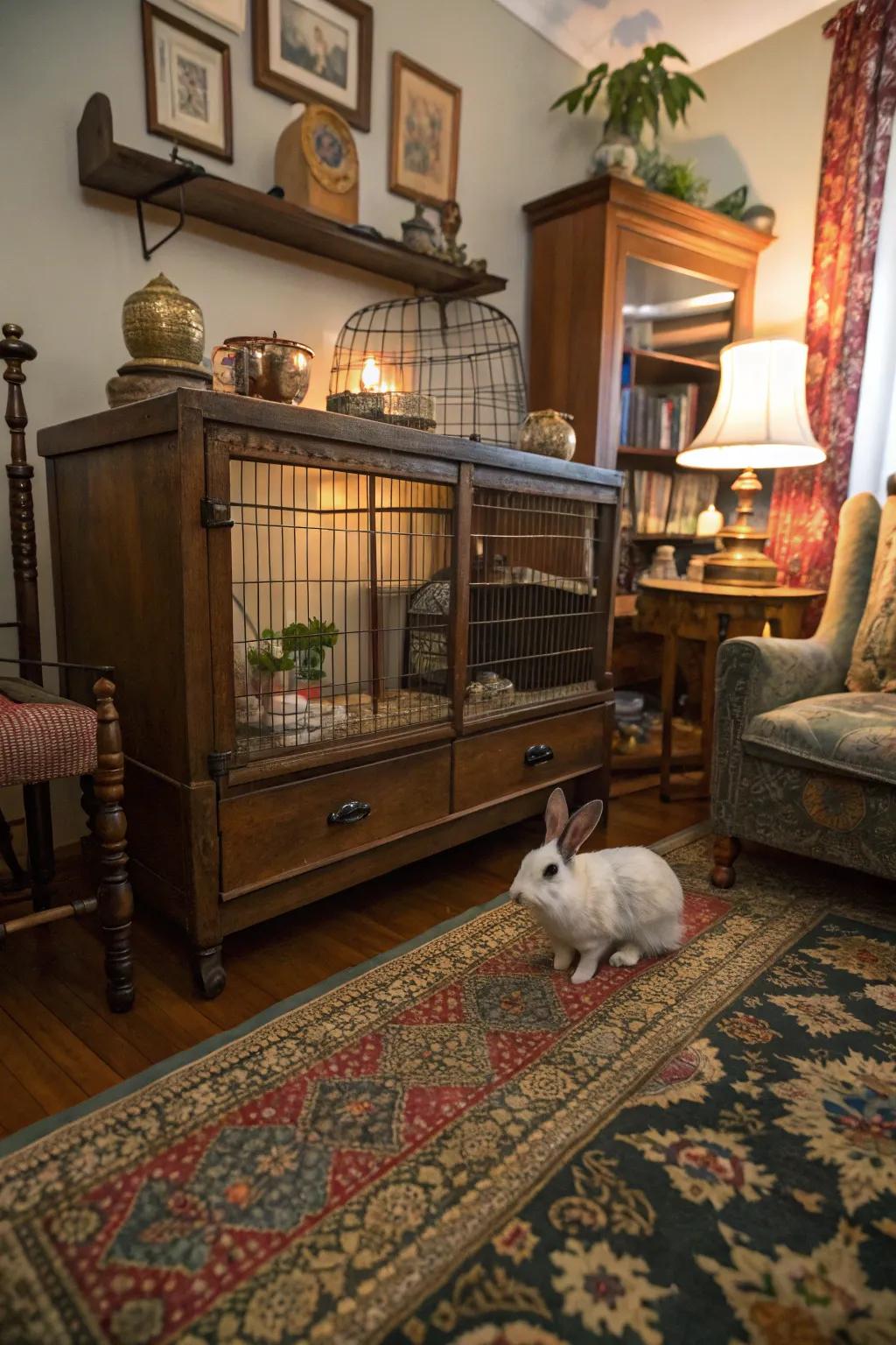 Vintage vibes add charm and character to the bunny's space.