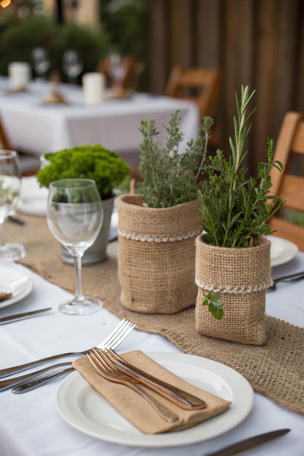 Hessian utensil holders keep dining neat and charming.