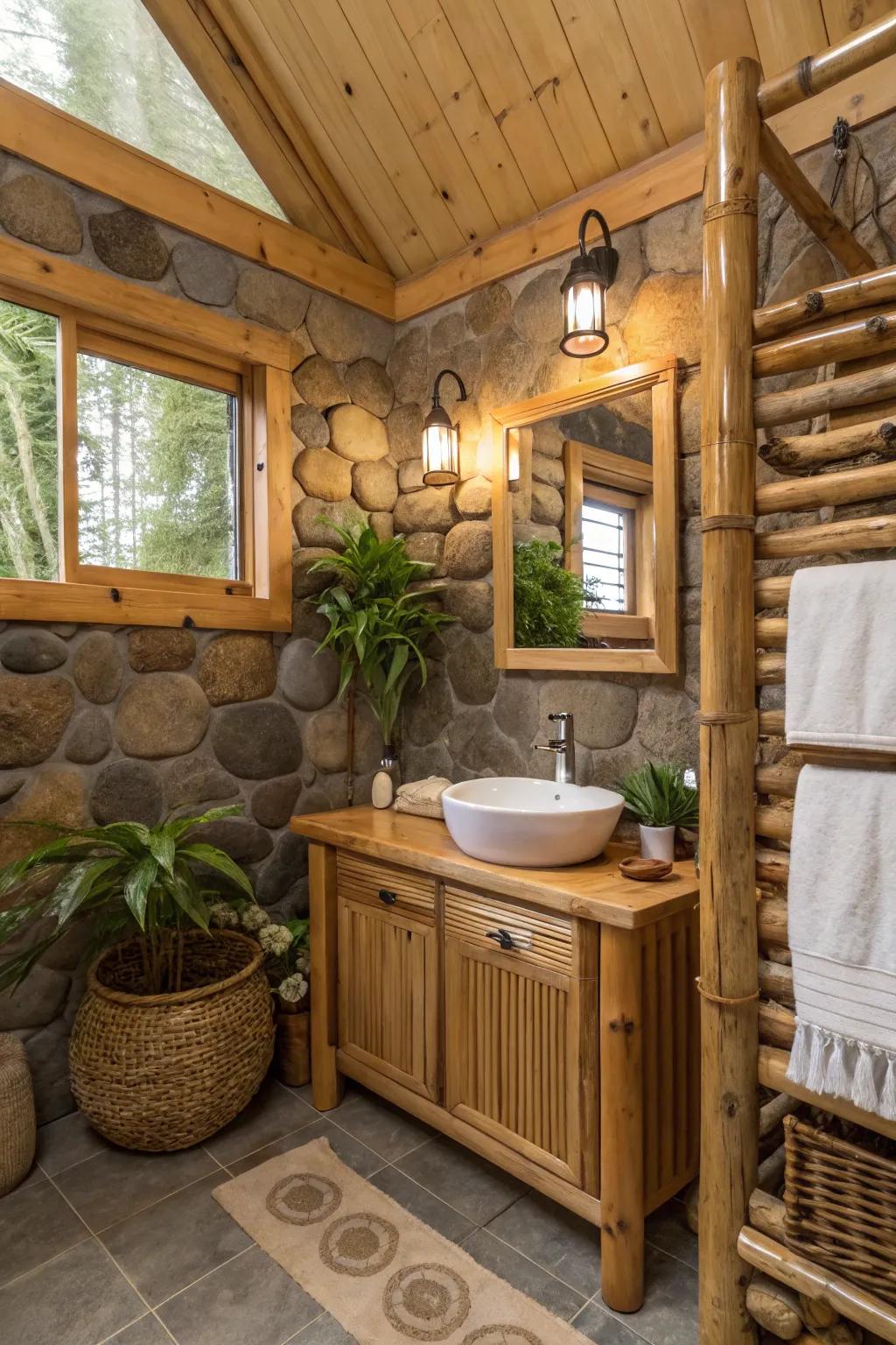 A cabin bathroom with eco-friendly bamboo accents for an organic touch.