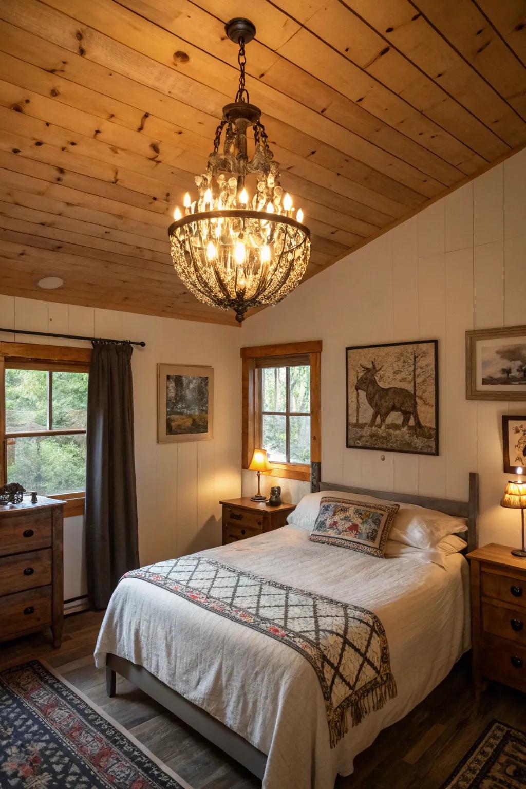 A cabin bedroom that features a vintage chandelier and unique art.