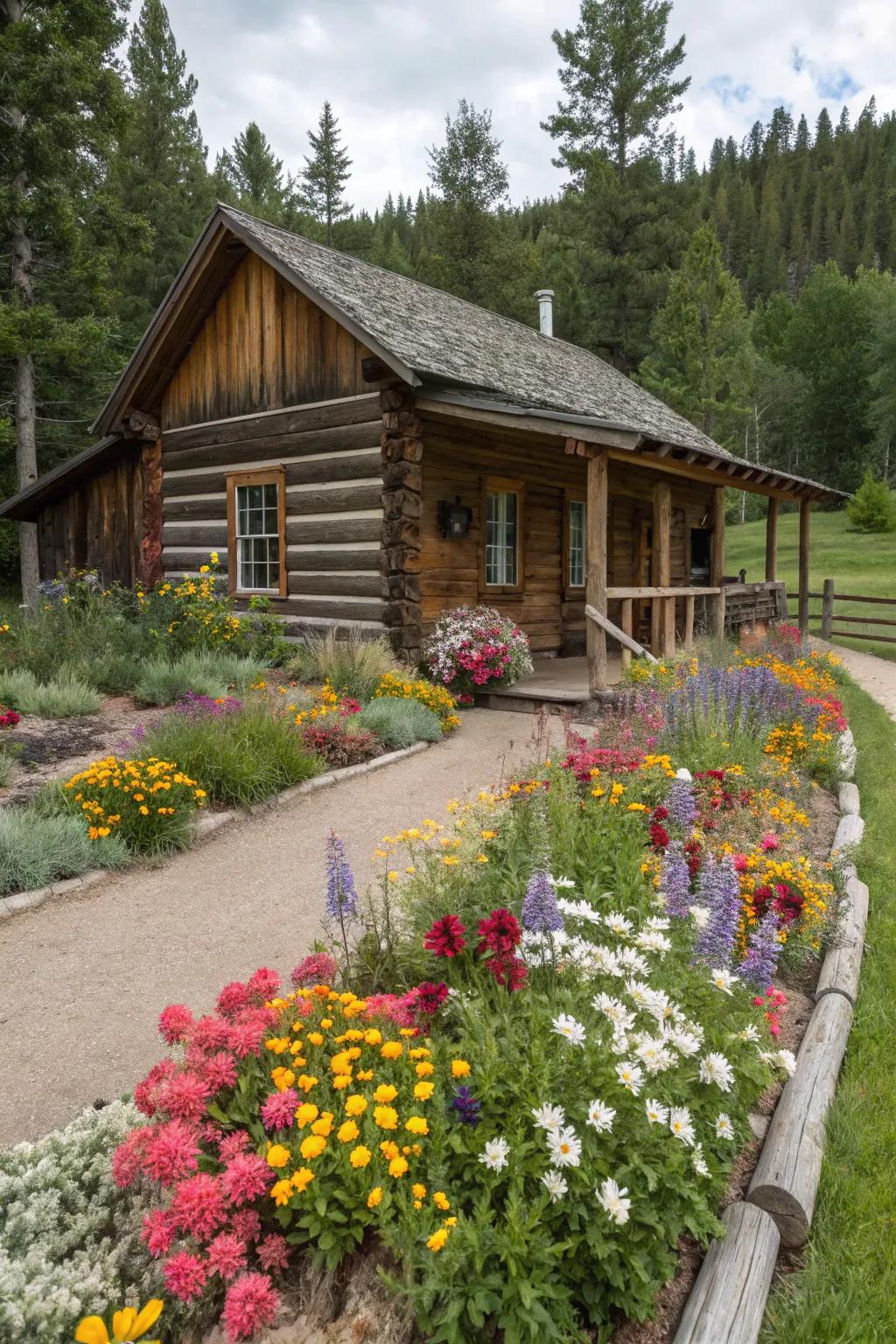 A vibrant flower border frames your cabin beautifully.