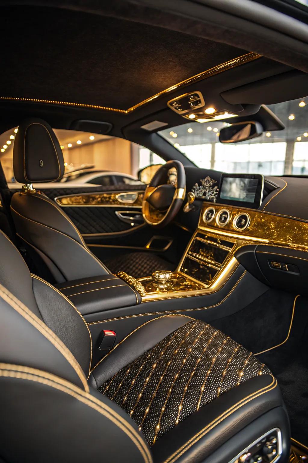 A car interior with hints of gold, including a hint of luxury and sophistication.