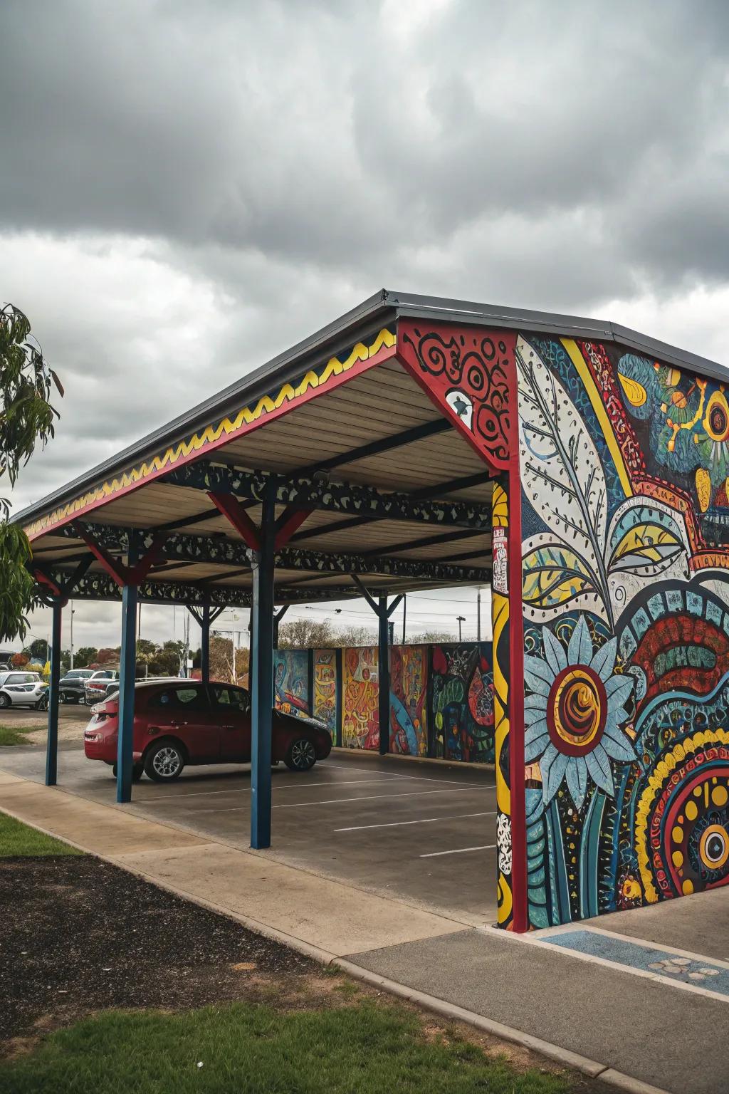 A carport with artistic patterns, transforming functionality into a work of art.