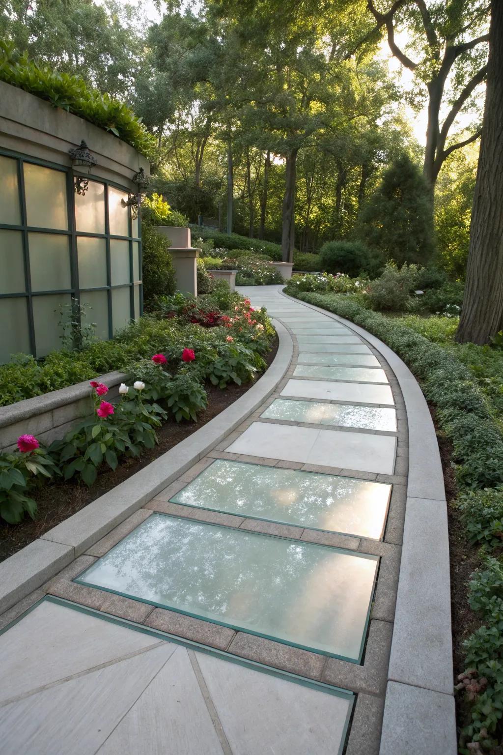 Elegant cement path with features made from frosted glass.