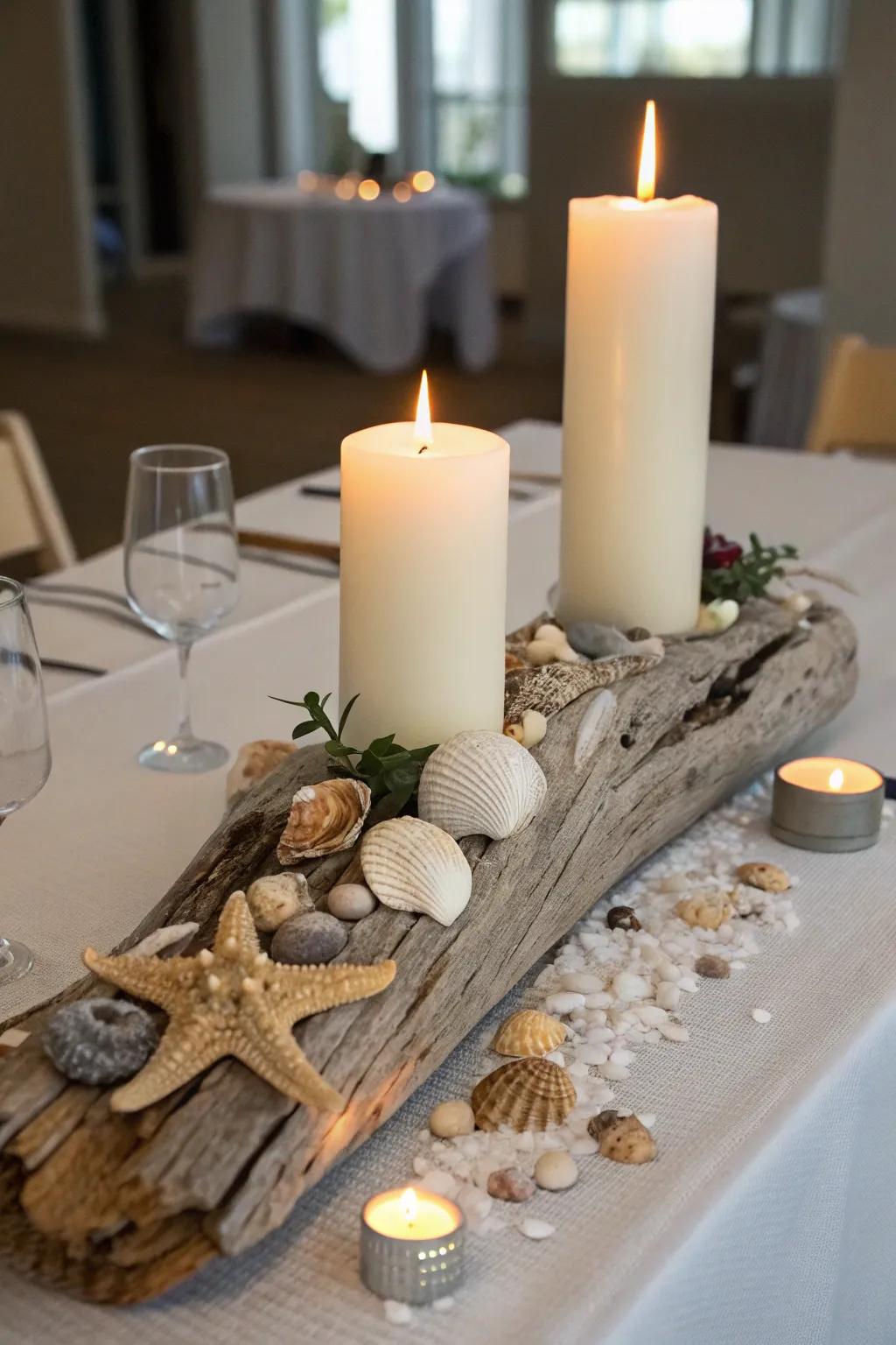 Seaside inspired charm presenting a water wood centerpiece foundation.