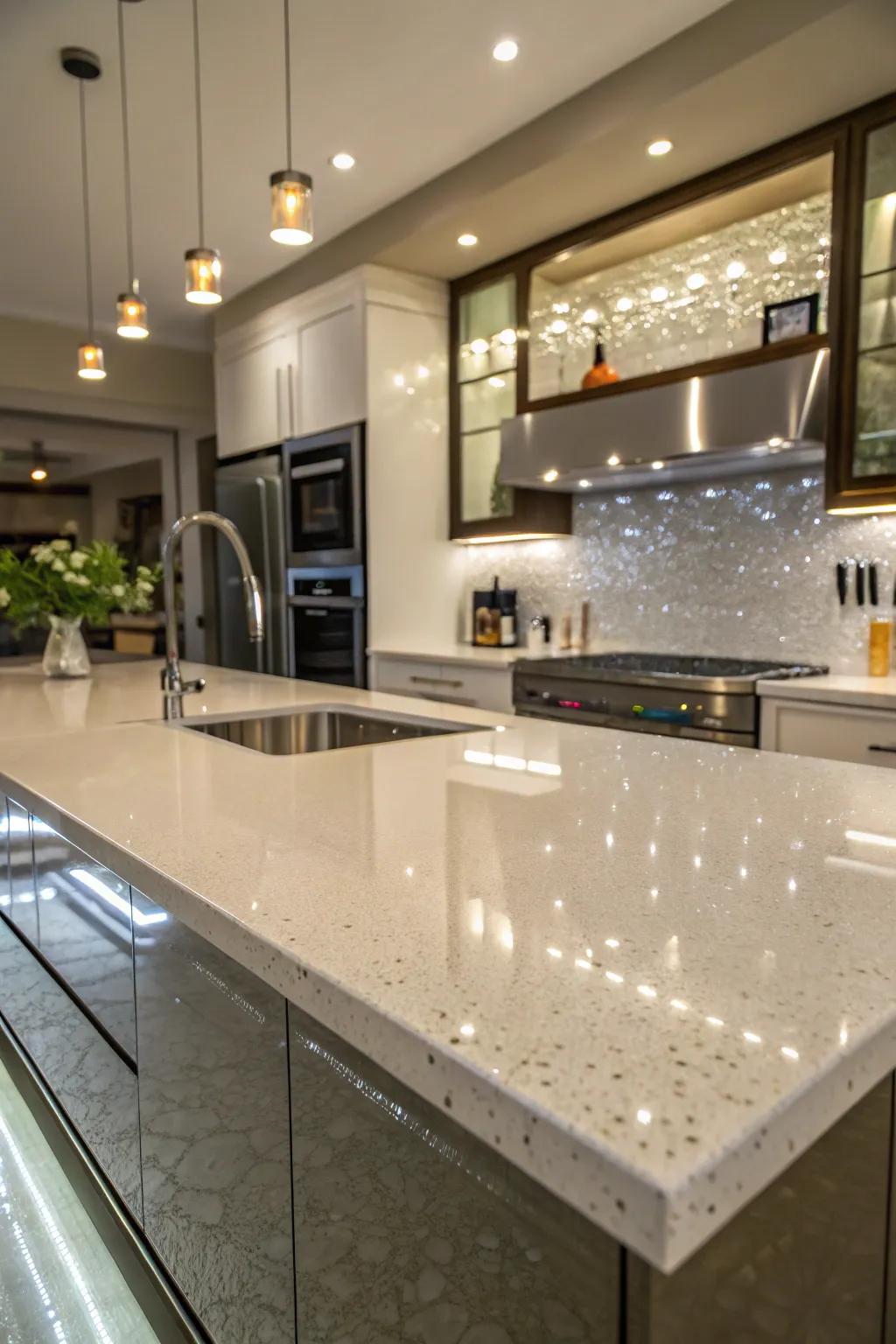 Creative kitchen with shiny poured coating countertops.