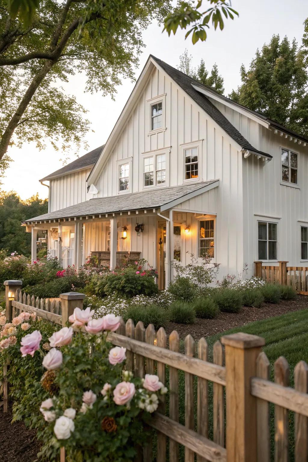 Board and batten siding adds farmhouse charm and elegance.