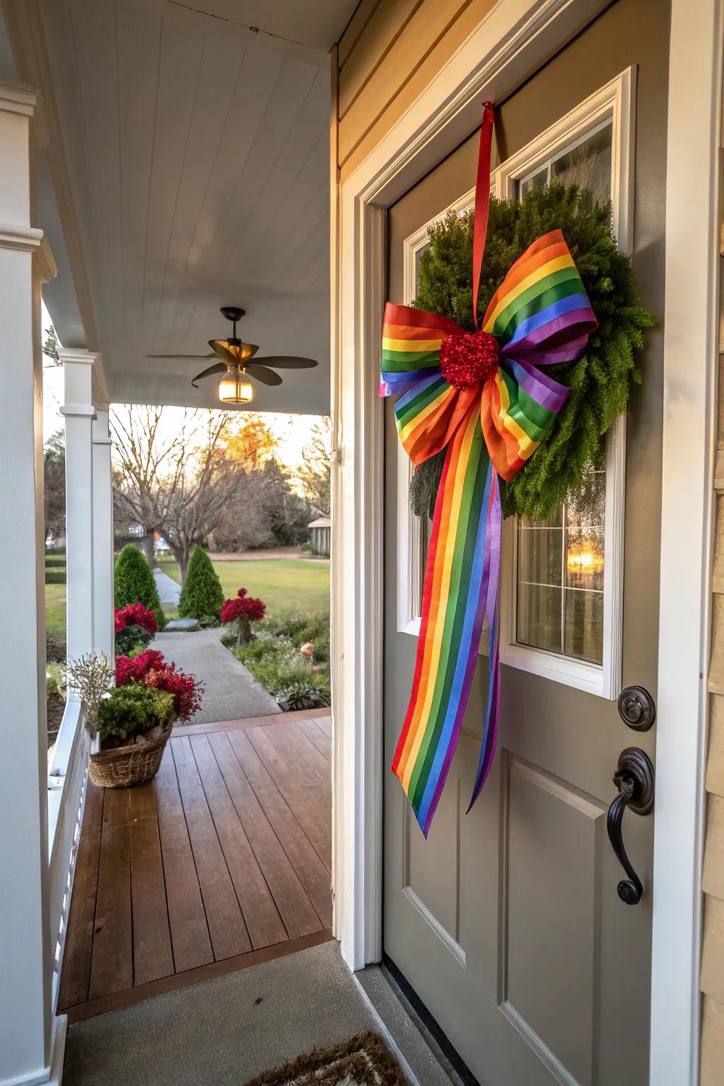 Brighten your holiday with a spectrum ribbon bow.